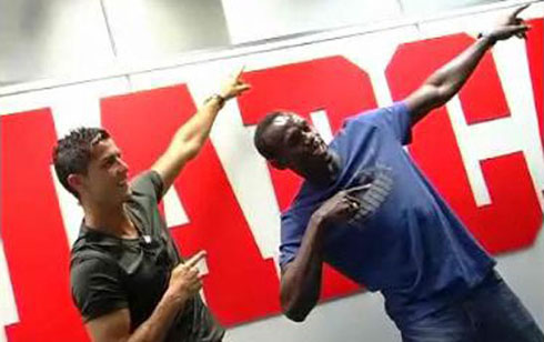 Cristiano Ronaldo and Usain Bolt doing the Bolt trademark gesture, for Marca newspaper cover in 2009-2010
