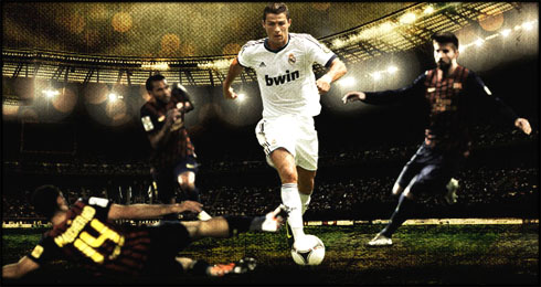 Cristiano Ronaldo playing in Real Madrid vs Barcelona in a 2012-2013 wallpaper