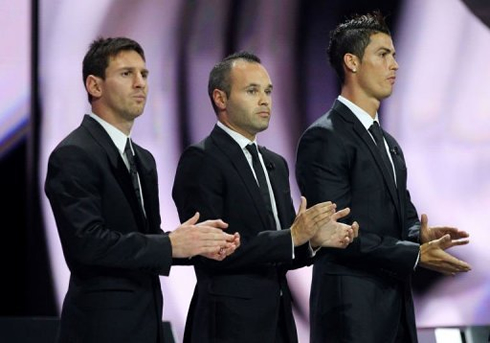 Cristiano Ronaldo, Andrés Iniesta and Lionel Messi, at the UEFA Best Player in Europe 2011-2012 gala and ceremony