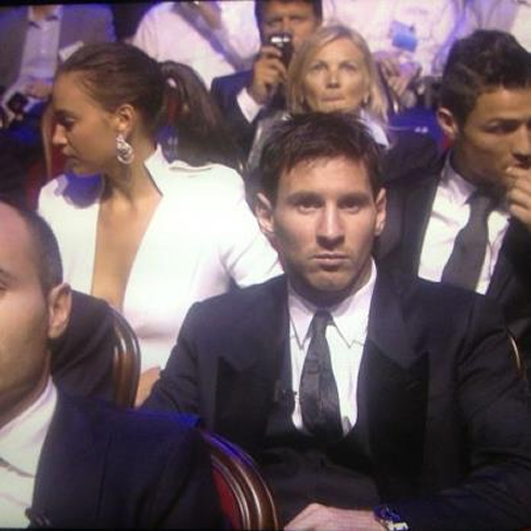 Cristiano Ronaldo with Irina Shayk, Lionel Messi and Iniesta, at the UEFA gala in 2012