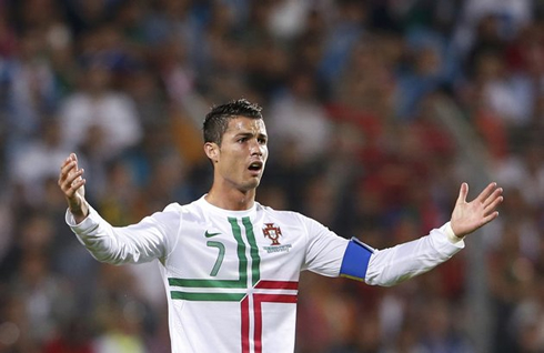 Cristiano Ronaldo opening his arms, unhappy with something at the Portugal game against Luxembourg, for the 2014 FIFA World Cup qualifiers
