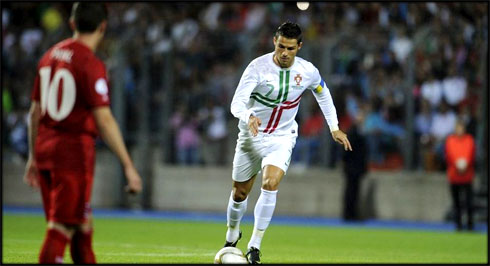 Cristiano Ronaldo taking a free-kick for Portugal, in the 2014 World Cup qualifiers stage, against Luxembourg
