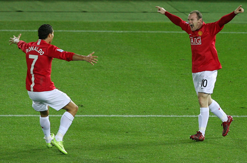 Cristiano Ronaldo doing the bird flying celebration, with Wayne Rooney, at Manchester United