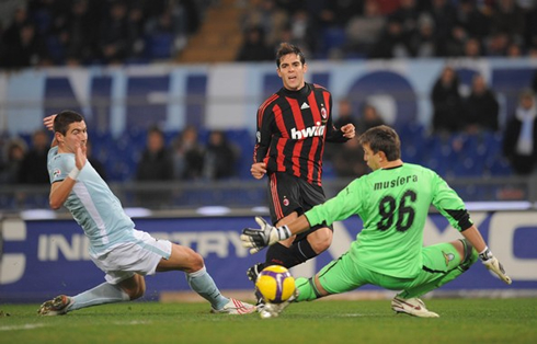 Kolarov trying to block a shot from Kaká, in Lazio vs AC Milan
