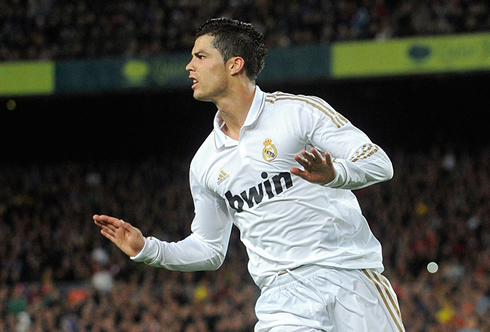 Cristiano Ronaldo calm down goal celebration, at the Camp Nou, in Barcelona vs Real Madrid in 2012-2013