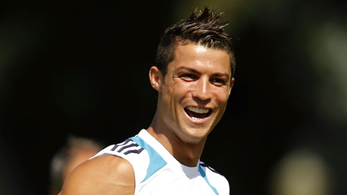 Cristiano Ronaldo happy and smiling in a Real Madrid training session in 2012-2013