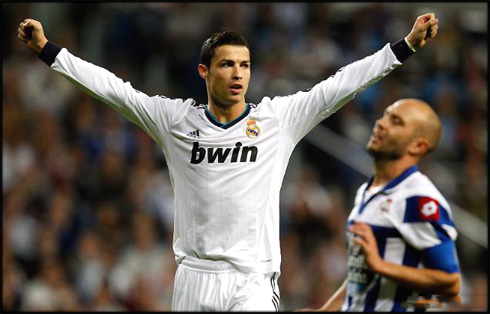 Cristiano Ronaldo celebrating hat-trick in Real Madrid 5-1 Deportivo, for the Spanish League 2012-2013