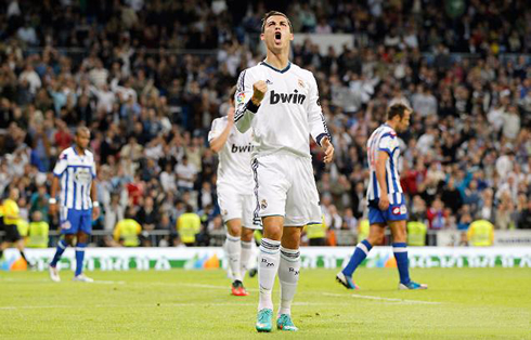 Cristiano Ronaldo goal celebration in Real Madrid 5-1 victory against Deportivo de la Coruña, for the Spanish League in 2012-2013