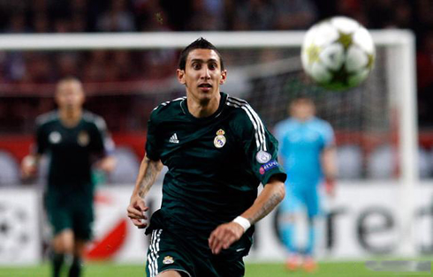 Angel Di María in a Real Madrid green shirt, jersey, uniform and kit, in the UEFA Champions League 2012-2013