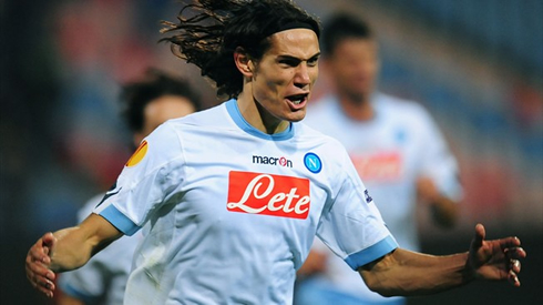 Edinson Cavani celebrating a goal in a Napoli Macron jersey, sponsored by Lete, in 2012-2013