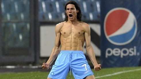 Soccer player Edinson Cavani shirtless and half naked, showing his slim and ripped body muscles and chest, in Napoli 2012-2013