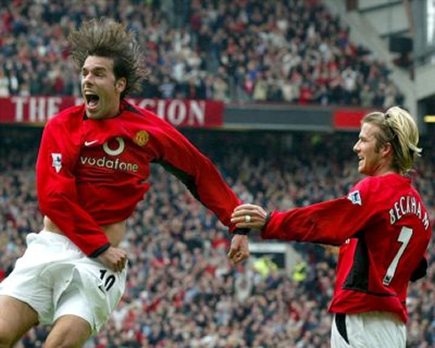 Ruud van Nistelrooy celebrating goal for Man Utd with David Beckham