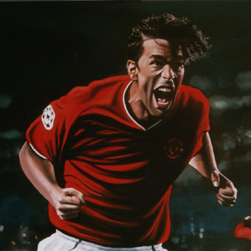 Ruud van Nistelrooy in a Manchester United wallpaper doing a goal celebration