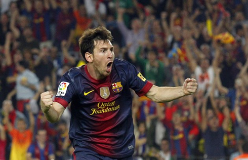 Lionel Messi goes wild celebrating Barcelona goal vs Real Madrid, at the Camp Nou for La Liga 2012-2013