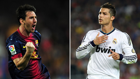 Cristiano Ronaldo battles against Lionel Messi, in Barcelona vs Real Madrid poster and wallpaper