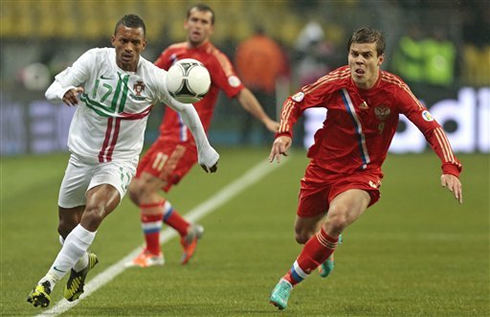 Nani playing for Portugal against Russia, in 2012