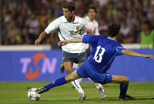 Cristiano Ronaldo in action on his debut for Portugal vs Kazakhstan, in 2003