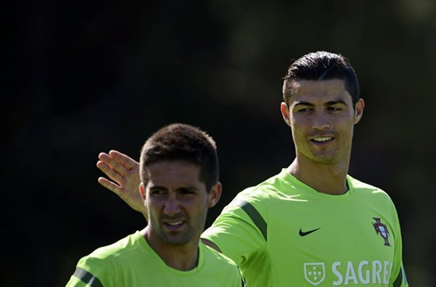 Cristiano Ronaldo joking, kidding and trolling with João Moutinho, in Portugal training session