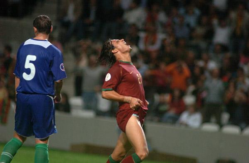 Nuno Gomes pulling his shorts up, during a game for Portugal