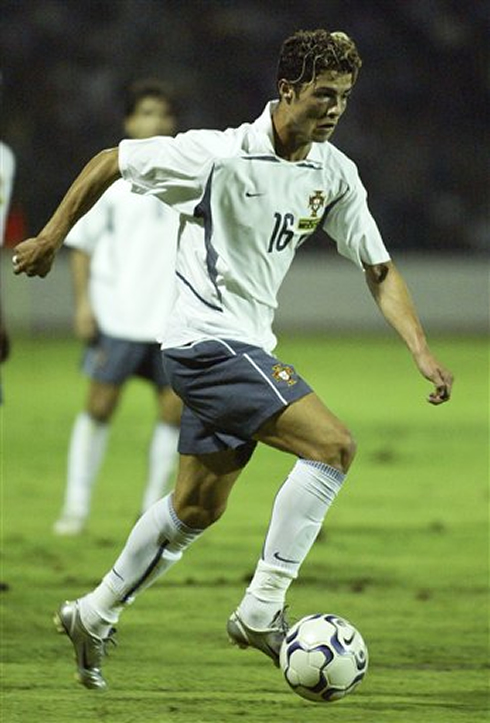 Cristiano Ronaldo on his debut for Portugal in 2003, against Kazakhstan and wearing the number 16 on his jersey