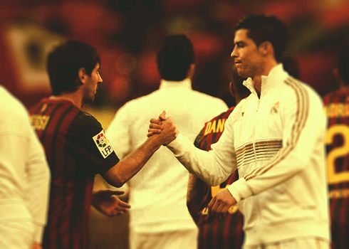 Cristiano Ronaldo cheering Lionel Messi before a Barcelona vs Real Madrid Clasico, in 2012-2013