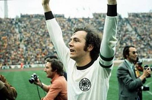 Franz Beckenbauer celebrating Germany Deutschland victory, with the crowd while being the team captain