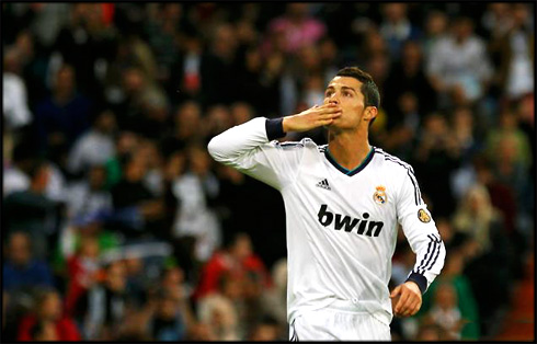 Cristiano Ronaldo throwing and sending kisses to the fans at the Santiago Bernabéu crowd, in 2012-2013