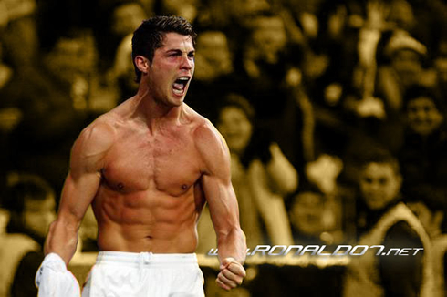 Cristiano Ronaldo almost naked showing his ripped body muscles and six pack abs, after taking off his jersey and shirt, in 2012-2013