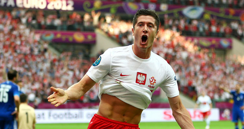 Robert Lewandowski celebrating a goal for Poland in either Euro 2012 or World Cup 2010