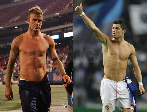 David Beckham and Cristiano Ronaldo almost naked without shirts, showing muscles and abs