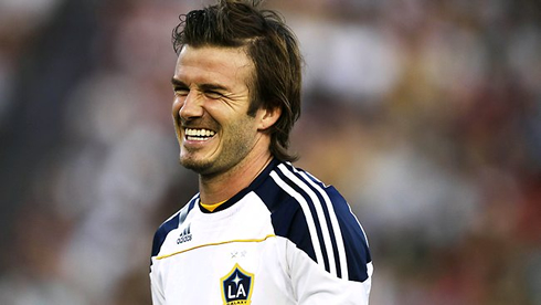 David Beckham smiling in a game for the LA Galaxy, in 2012-2013