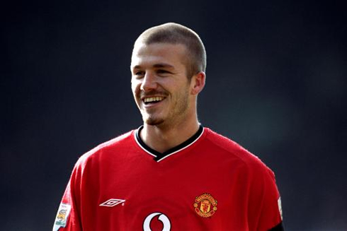 David Beckham with his head shaved in an original haircut, at Manchester United