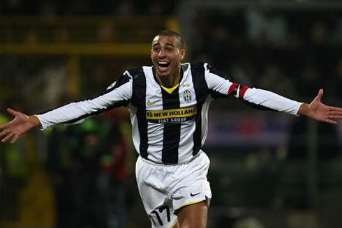 David Trézéguet running around with his arms open, in Juventus goal celebration