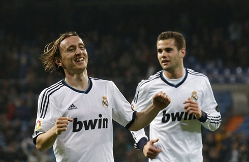 Luca Modric happiness, after scoring his 1st goal ever for Real Madrid, with Nacho joining the celebrations, in 2012-2013