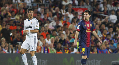 Cristiano Ronaldo and Lionel Messi side by side, in Real Madrid vs Barcelona for La Liga, 2012-2013