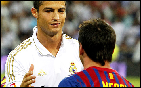 Cristiano Ronaldo enigmatic smile when greeting Lionel Messi, in El Clasico Real Madrid vs Barcelona, in 2012-2013