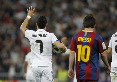 Cristiano Ronaldo provoking Lionel Messing after scoring a goal for Real Madrid against Barcelona, in 2012-2013