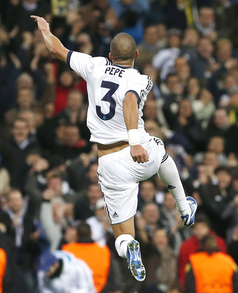 Pepe jumping high to celebrate his goal in Real Madrid vs Borussia Dortmund, for the Champions League 2012-2013