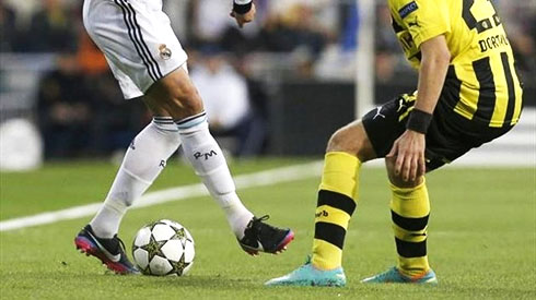 Cristiano Ronaldo playing with the new Nike boots, cleats and shoes, Mercurial Vapor VIII CR7 edition, in Real Madrid vs Borussia Dortmund, for the Champions League in 2012-2013