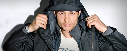 Cristiano Ronaldo fashion style in a hooded jacket, showing his beautiful eyes, in 2012-2013