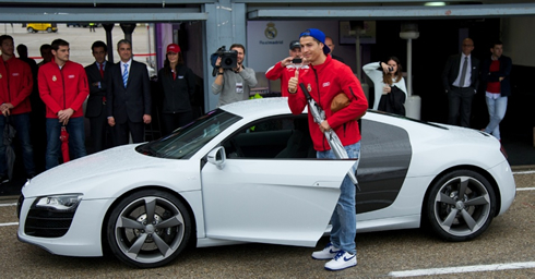 Cristiano Ronaldo receiving the new Audi R8 car model, in Real Madrid 2012-2013