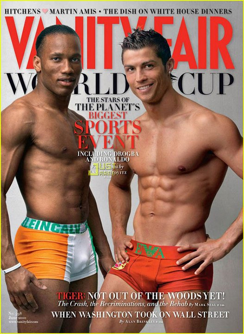 Cristiano Ronaldo and Didier Drogba showing their ripped naked bodies in Vanity Fair magazine cover, in 2010