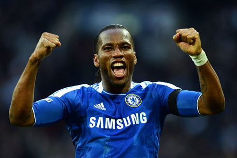 Didier Drogba celebrating goal for Chelsea FC, with his two fists closed