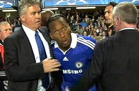 Didier Drogba explosive reaction in the UEFA Champions League 2009 match, Chelsea vs Barcelona, talking to TV cameras saying that UEFA is a disgrace