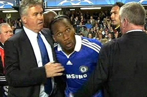 Didier Drogba explosive reaction in the UEFA Champions League 2009 match, Chelsea vs Barcelona, talking to TV cameras saying that UEFA is a disgrace