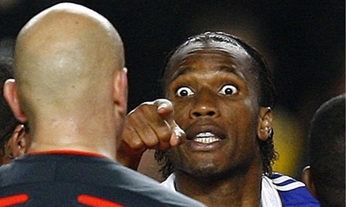 Didier Drogba pointing his finger and insulting Tom Ovrebo, in Chelsea vs Barcelona for the UEFA Champions League in 2009, saying you are a disgrace