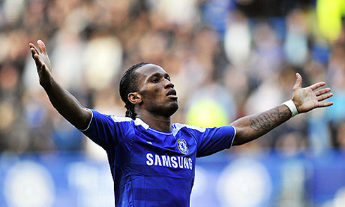 Didier Drogba turning to the public and the fans in the crowd after scoring for Chelsea FC