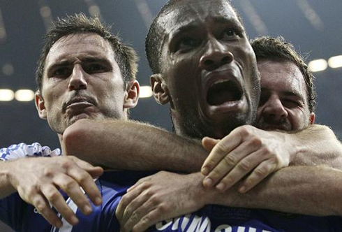 Frank Lampard, Didier Drogba and Juan Mata funny faces celebrating Chelsea goal at the Champions League final against Bayern Munich, in 2012-2013