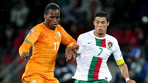 Cristiano Ronaldo playing against Didier Drogba, in the 2010 World Cup, Ivory Coast vs Portugal