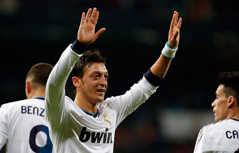Mesut Ozil thanking the Santiago Bernabéu Real Madrid fans in the crowd, in 2012-2013